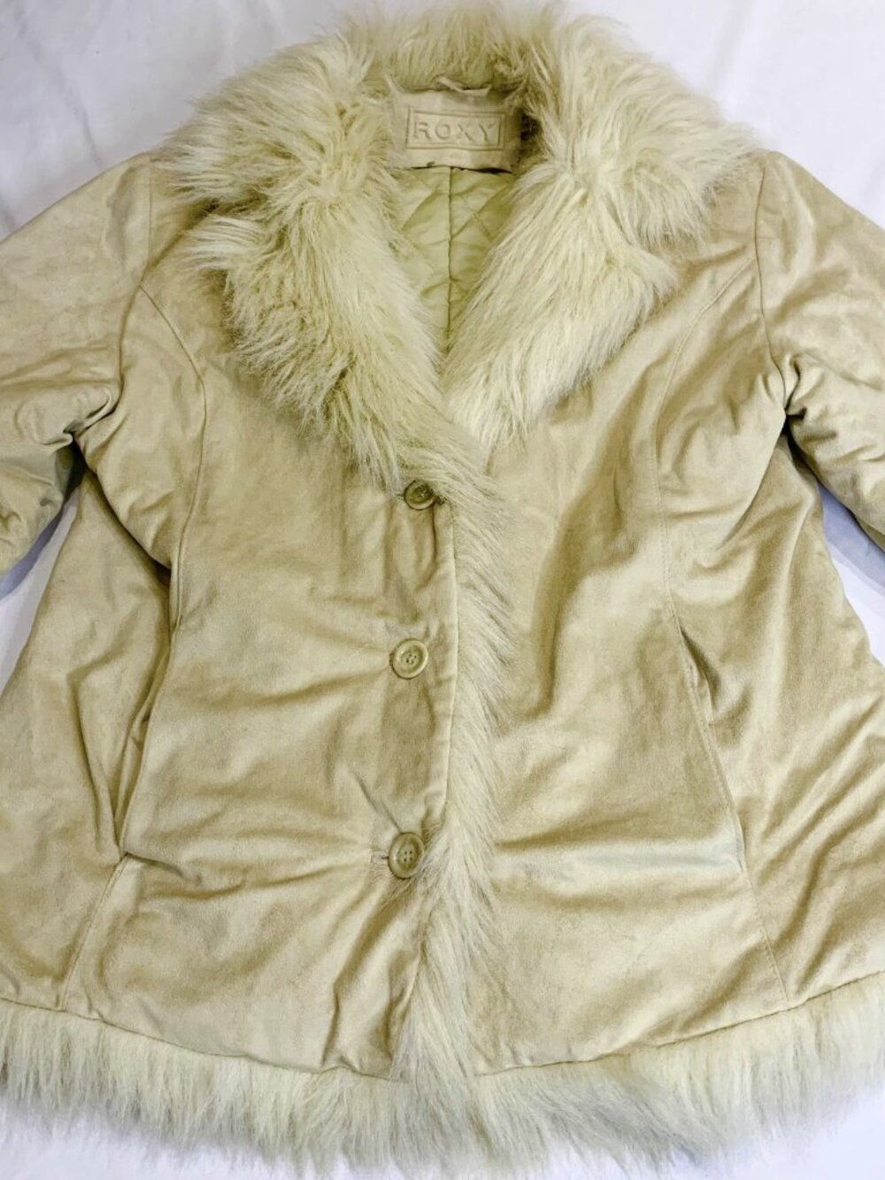 Vintage Roxy Faux Fur Trim Suede Jacket Y2K Boho Penny Lane Style Size L Beige - Picture 4 of 9